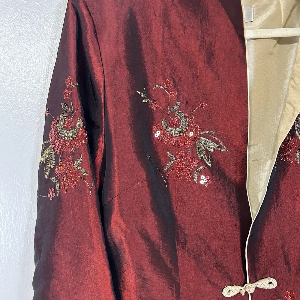 Vintage Asian‎ Kimono Jacket Chinese Red Silk Floral Sequin Embroidered Womens M